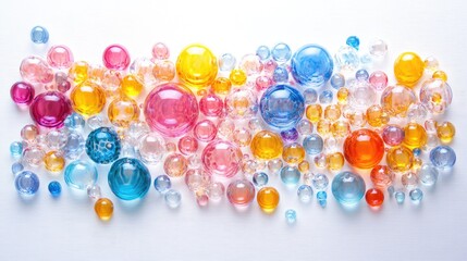 Colorful assorted glass marbles and spheres arranged on a white background with ample copy space for text application.
