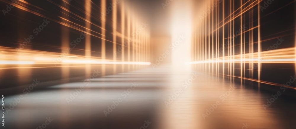 Poster abstract light streaks in a modern corridor with reflections on the floor and copy space for text in