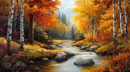 Autumn landscape with flowing stream surrounded by colorful trees and rocks in serene forest setting Copy Space