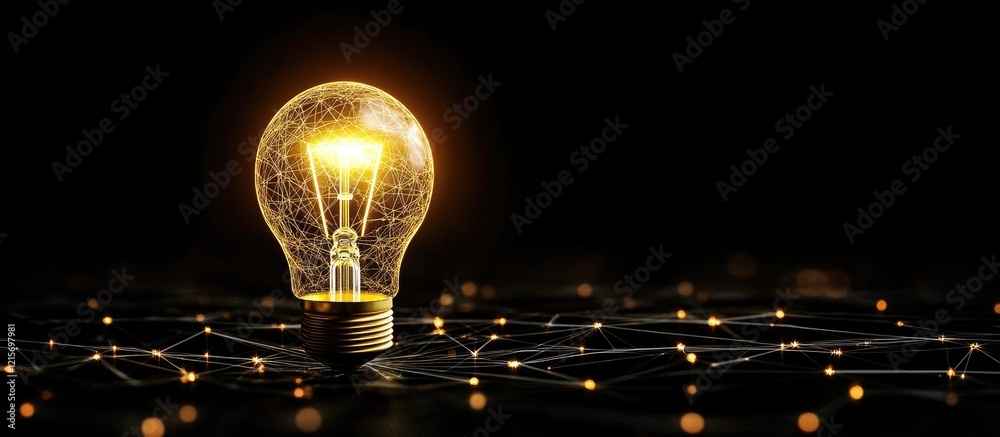 Wall mural illuminated light bulb on dark background with abstract glowing connections and copy space for text