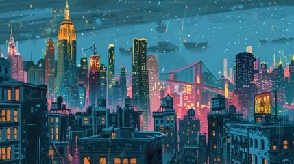 New York City skyline with glowing skyscrapers, Times Square neon lights in the distance, a starry sky, and the Brooklyn Bridge silhouette in the foreground.