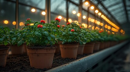 Greenhouse plants, orange flowers, evening lighting, botany