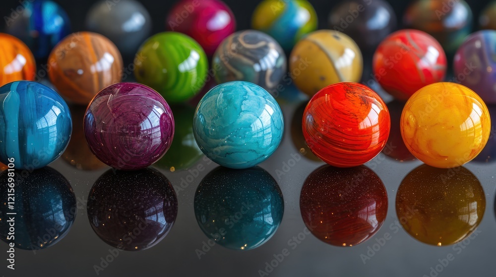 Sticker colorful marbles with swirling patterns arranged on a reflective surface with bright and vivid color