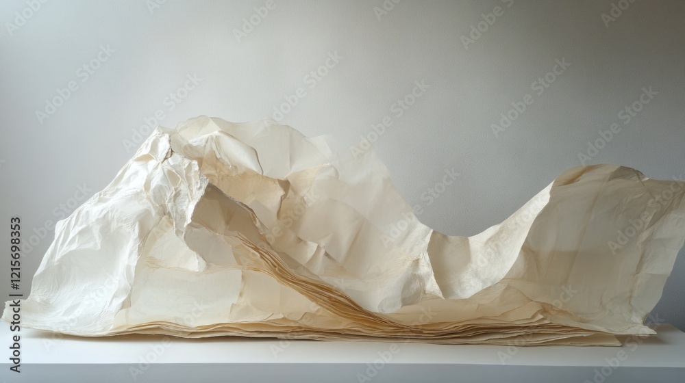 Poster abstract paper sculpture with layered texture resembling waves on white background with copy space f