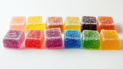 Colorful gummy candy cubes arranged in a row with granulated sugar coating on a white background. Copy Space available.