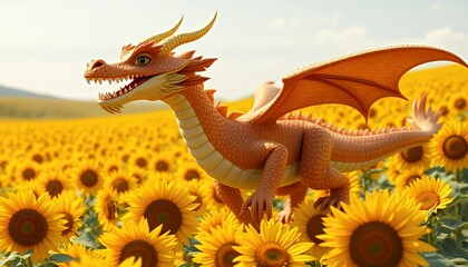 Fototapeta premium Playful Orange Dragon Among a Vast Field of Golden Sunflowers on a Sunny Day