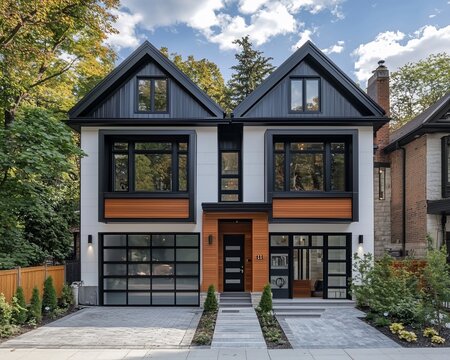 Modern duplex home with black and white exterior, wood accents, and attached garages.