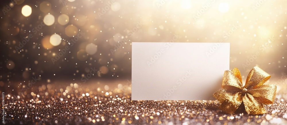 Poster blank greeting card with golden ribbon on shimmering background with bokeh effect and copy space for