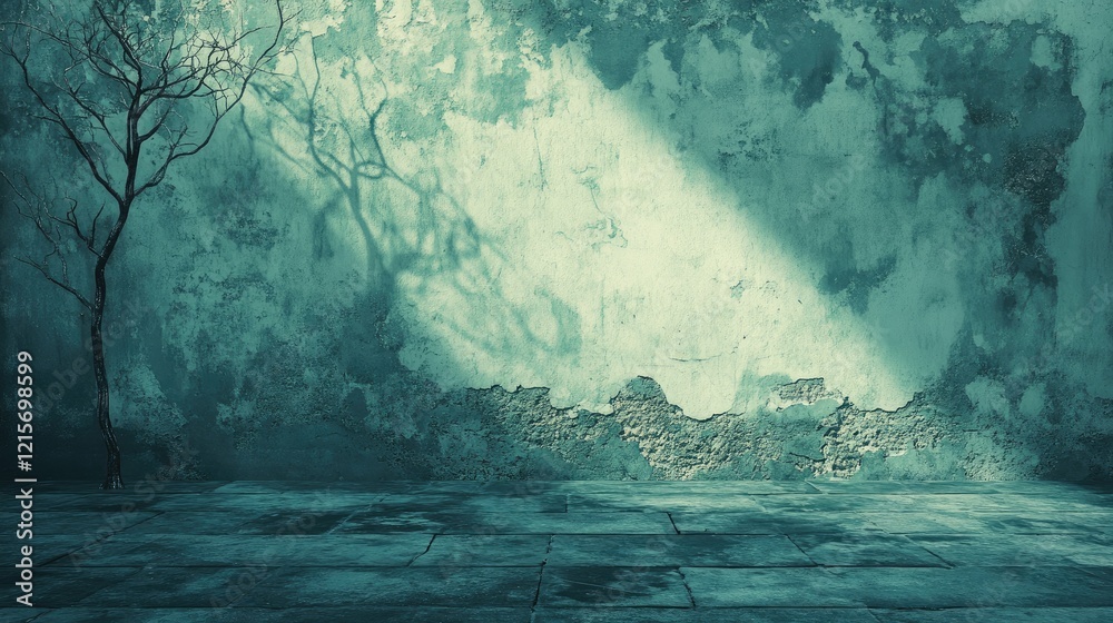 Poster grungy textured wall with shadows and a solitary tree casting shadows on the cracked surface with co