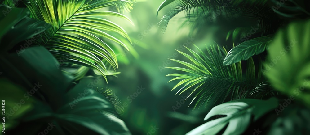 Wall mural lush green foliage background with soft bokeh effect in a tropical jungle setting copy space