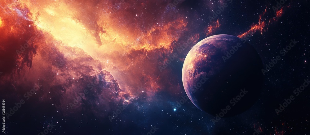 Poster cosmic landscape featuring a colorful nebula with celestial elements including a planet and starry b