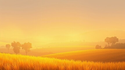 Fototapeta premium Serene Summer Sunrise Over Rural Meadow with Green Grass and Wheat under Evening Sky