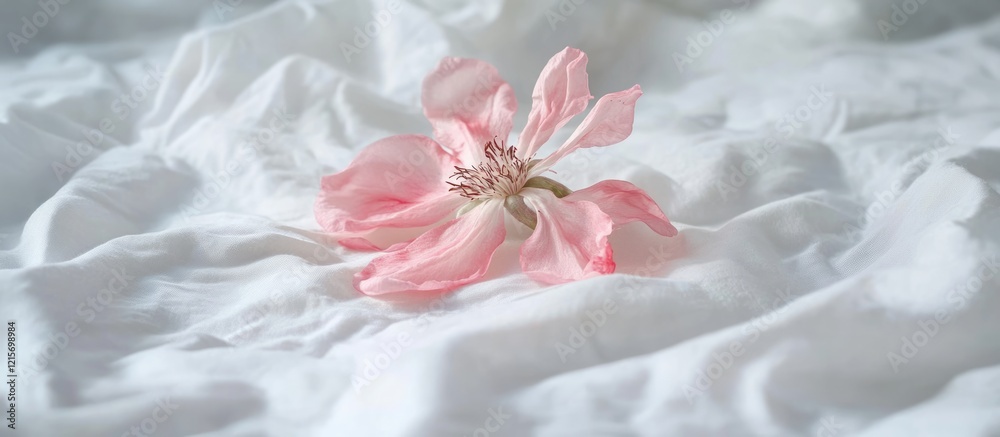 Canvas Prints delicate pink flower on soft white fabric with natural lighting and copy space for text placement.