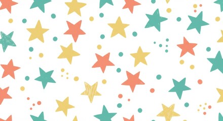 Festive border, colorful stars, confetti, pastel colors, playful design, celebration theme, birthday party, scattered elements, white background, cheerful atmosphere, whimsical pattern, decorative fra