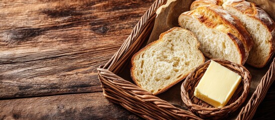 Freshly baked bread slices and butter in a woven basket on rustic wooden table with copy space for text
