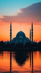 Obraz premium Majestic Mosque Sunset Reflection in Turkey