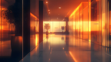 Stylish corridor with bright glass panels and city views in the distance.