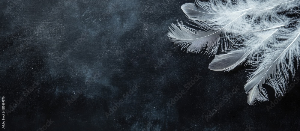 Poster delicate white feathers on dark textured background with copy space for text or design elements