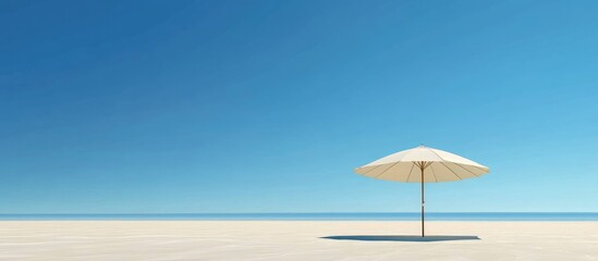 Lonely beach umbrella under clear blue sky and calm sea with ample copy space for text placement