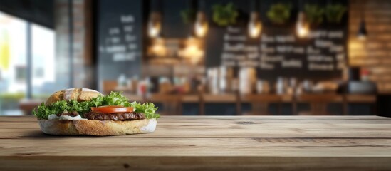 Fototapeta premium Delicious gourmet burger with fresh ingredients on wooden table in modern restaurant interior with blurred background and copy space