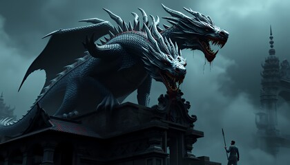 Fototapeta premium Two Massive Dragons Perched on a Rooftop During a Stormy Night, Attacking a City. A Soldier Below Looks Up in Fear. Pixel Art Style. Dark Fantasy Illustration