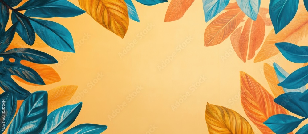 Poster colorful autumn leaves border on a warm gradient background with ample copy space for text or design