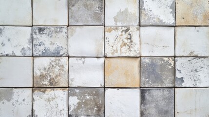 Textured gray and white square ceramic tiles with imperfections and stains arranged in a grid pattern Copy Space