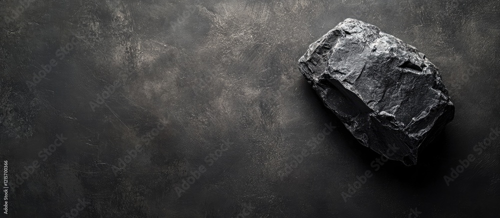 Poster dark textured surface with a flat stone positioned on the side showcasing copy space for text placem