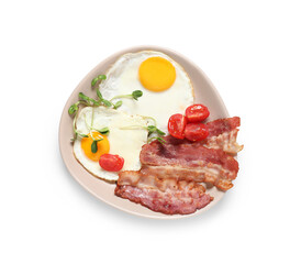Plate with tasty fried eggs, tomatoes and bacon on white background. Top view