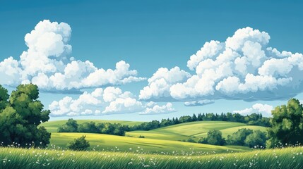 Obraz premium Vibrant green landscape with rolling hills under bright blue sky and fluffy white clouds Copy Space
