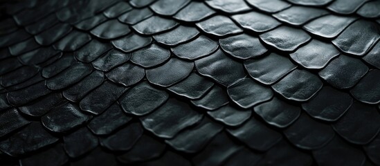 Close-up of textured black fish scales with glossy finish and varying shapes ideal for backgrounds and Copy Space.