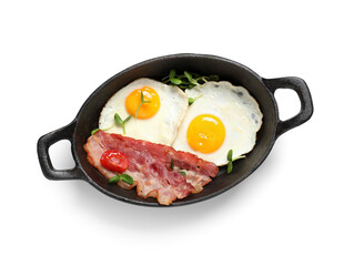 Pan with tasty fried eggs and bacon on white background. Top view