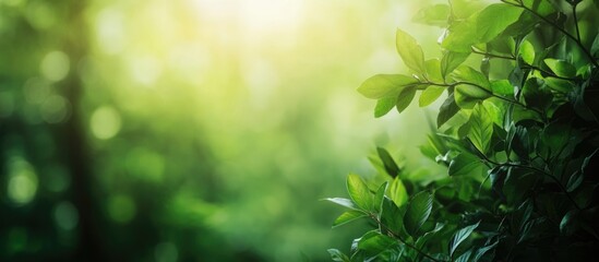 Obraz premium Green foliage background with soft light and bokeh effect Copy Space