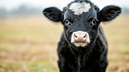Adorable Black Calf in a Serene Meadow: A Captivating Portrait of Youthful Innocence