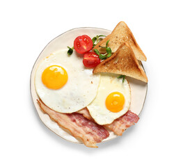 Plate with tasty fried eggs, toasts, tomatoes and bacon on white background. Top view