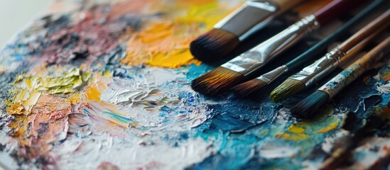 Obraz premium Artistic paint palette with oil paint texture and various paintbrushes ready for use Copy Space