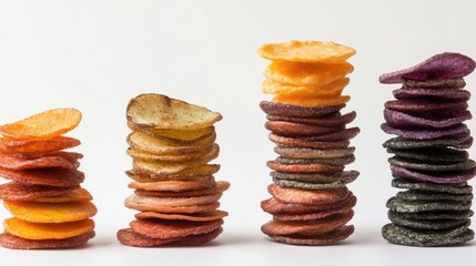 Colorful stacks of various potato chips on a white background with Copy Space for text placement.
