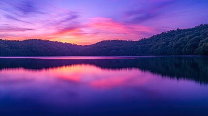 Fototapeta premium Serene sunset over a tranquil lake, reflecting vibrant colors and surrounded by lush greenery