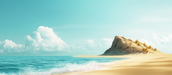 Tropical beach landscape with rocky formation and gentle waves under a clear sky with fluffy clouds Copy Space