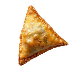 golden-brown. triangular pastry with a flaky crust. likely filled with savory ingredients it is presented against a white background. emphasizing its texture and shape. making it visually appealing fo