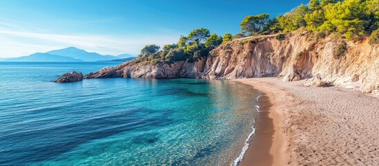 Fototapeta premium Panoramic view of a tranquil beach with clear turquoise water, sandy shore, lush green trees, and distant mountains under a clear sky Copy Space