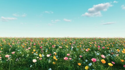 Vibrant meadow filled with colorful wildflowers under a blue sky with clouds Copy Space