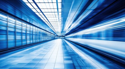 Abstract High-Speed Motion Blur of a Futuristic Train Station Interior with Striking Blue Tones and Dynamic Movement Effects Capturing the Essence of Modern Urban Travel
