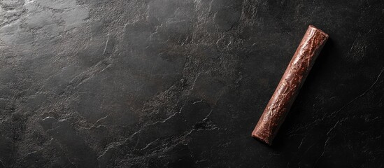 Natural wooden rolling pin on dark stone countertop with copy space for text or cooking recipes.