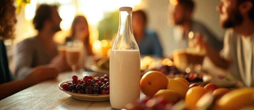 Group of friends enjoying a meal with fruits and milk bottle in focus on dining table with blurred background Copy Space
