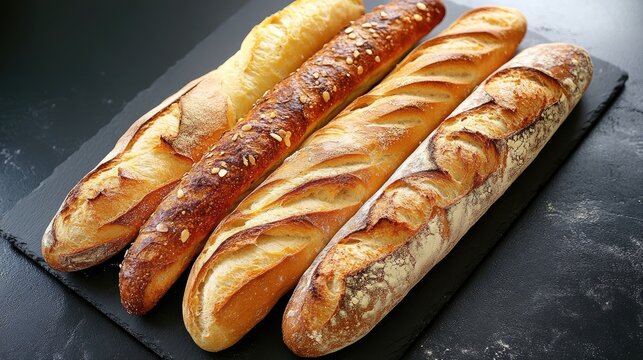 Freshly baked artisan bread assortment on a black stone surface with copy space for text. Crusty baguettes with different textures.