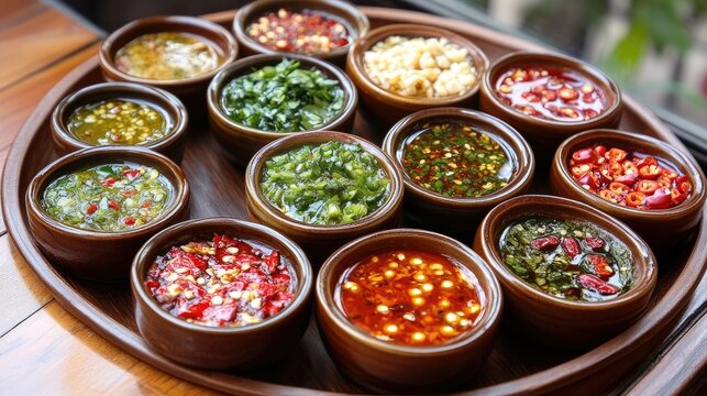 Assorted Fresh Dipping Sauces in Bowls on Wooden Tray with Copy Space for Text