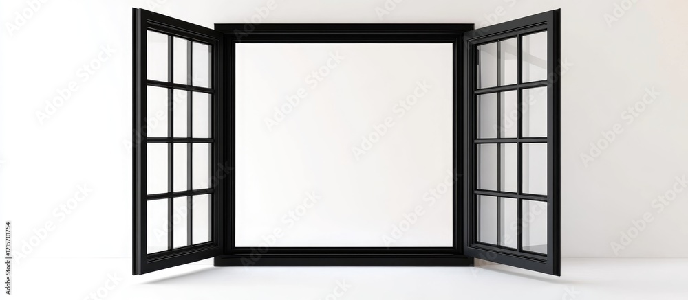Poster modern black window frame with open shutters on a white background providing ample copy space for te
