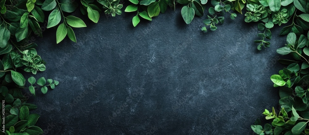 Poster greenery frame with various leaves on dark stone background with copy space for text or design eleme