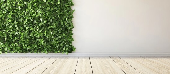 Green wall with vertical garden and wooden floor in modern indoor setting with neutral background and copy space for text.